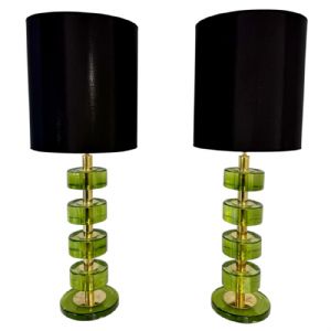 Italian Green Emerald Murano Glass Discs and Brass Lamps with Black Lampshades